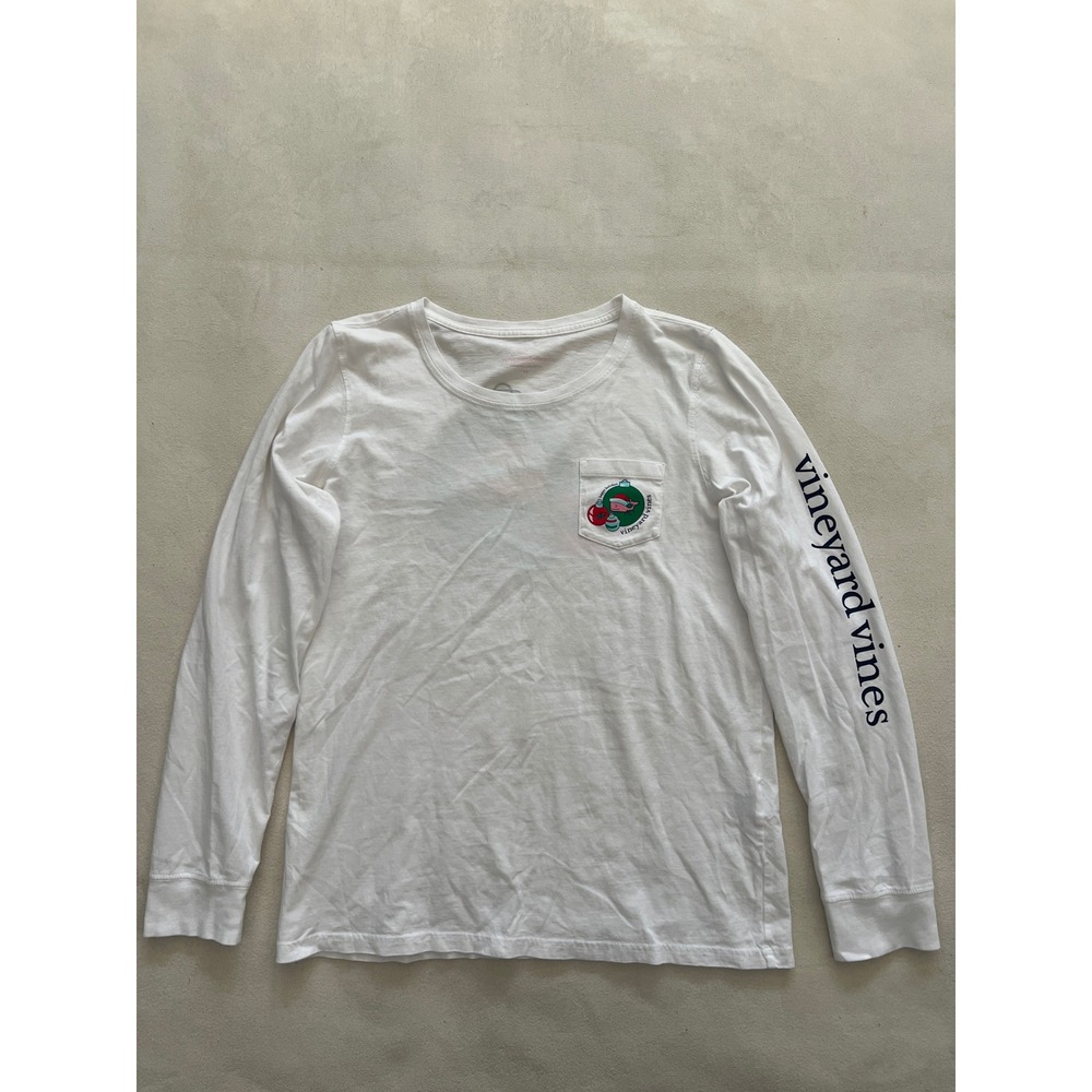 Vineyard Vines Womens White Holiday Whale Ornament Long Sleeve Pocket Tee M